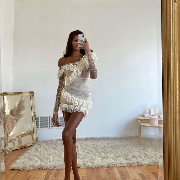 House of CB ‘Sorrel’ Ivory Lace Frill Tulle Asymmetric Minidress NWT - Picture 8 of 15